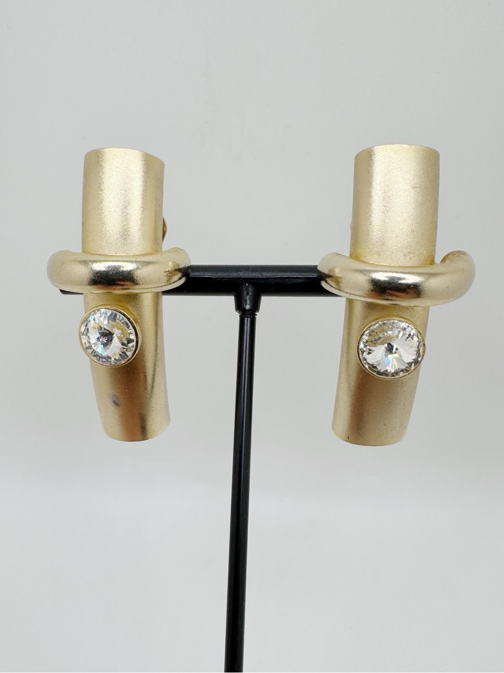 Vintage Gold Tube Clip-On Earrings with Clear Crystal Accents